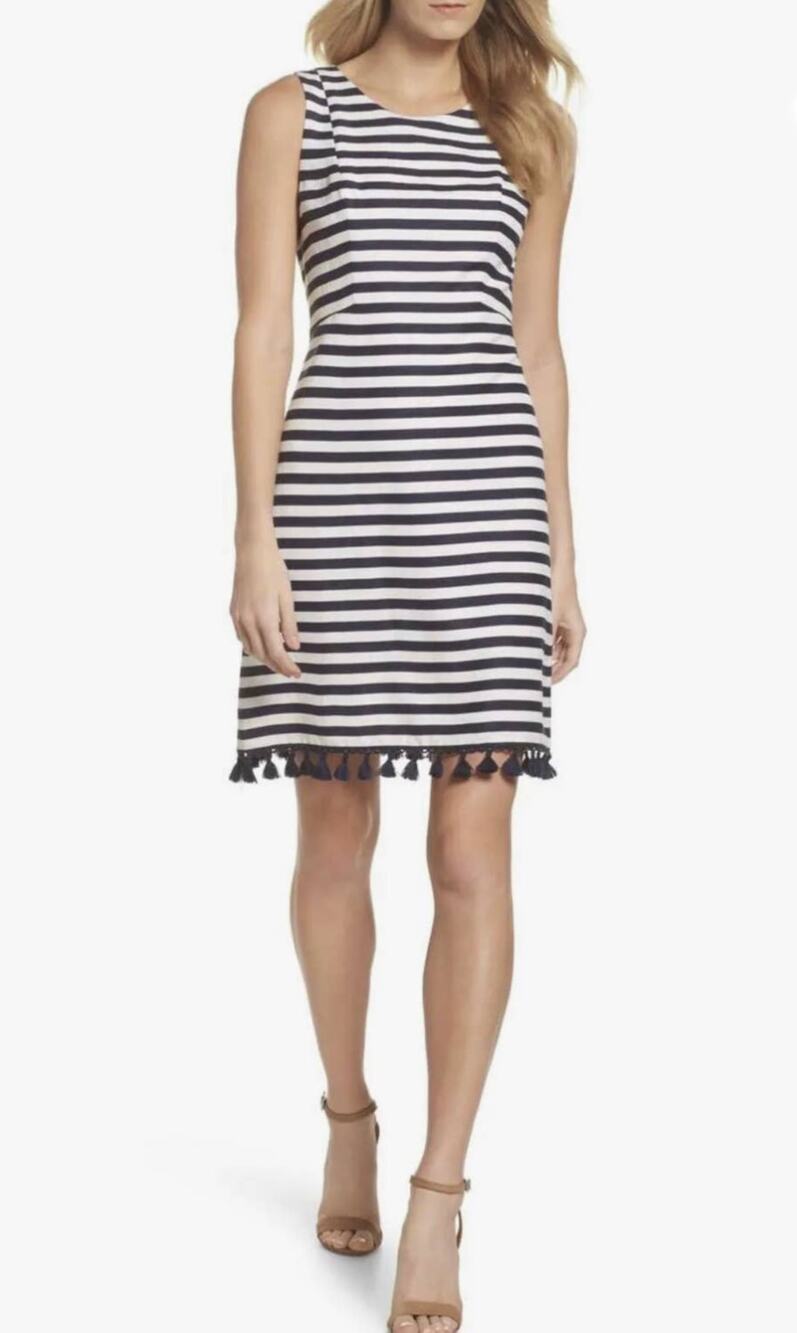 Eliza J Linen Blend Striped Tassel Hem Dress Size 6 NEW Blue White - Picture 1 of 10